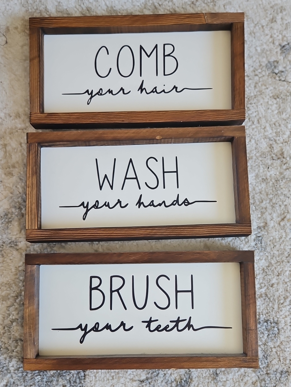 Wood Frame Bathroom Sign Set - White & Brown